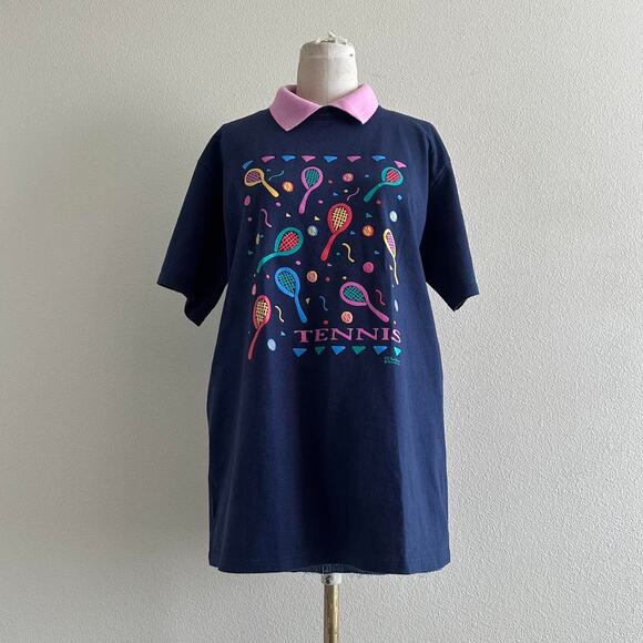 Vintage navy blue pink Tennis graphic collared t-shirt - Picture 1 of 7